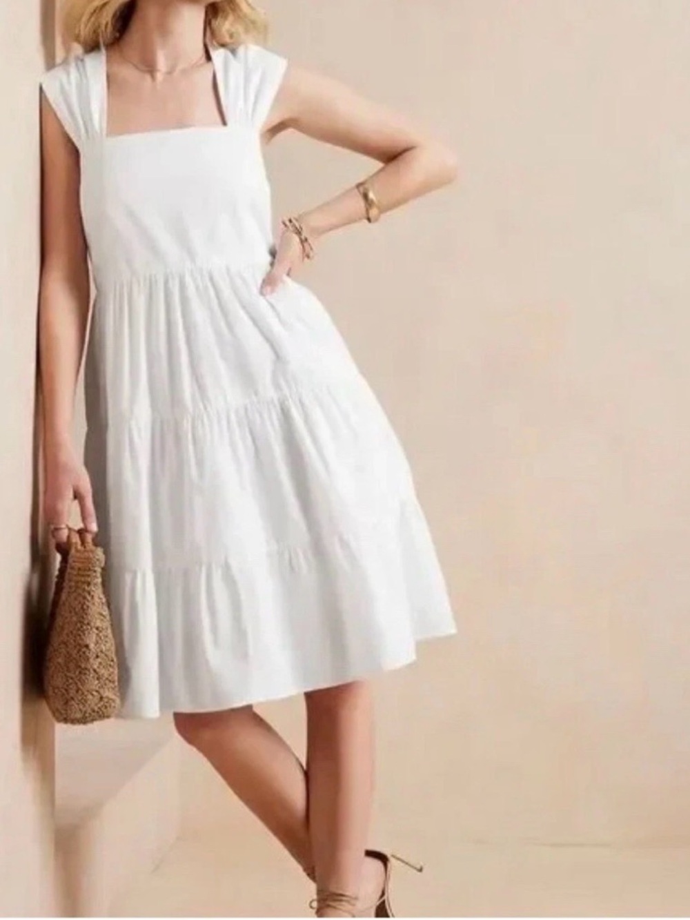 Banana Republic $120 100% Cotton White White Poplin Tiered Dress Size Womens XS - Picture 2 of 8